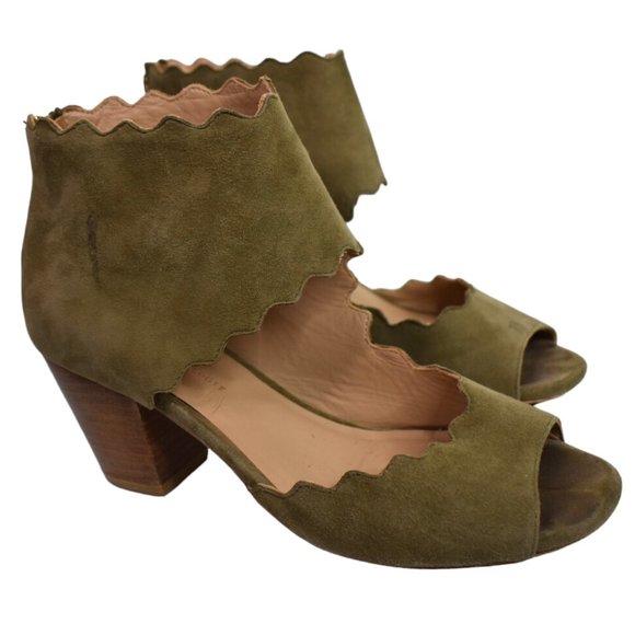 Anthropologie Heels 8.5 M Womens Scalloped Leather Open Toe Block Heel Taupe - Picture 8 of 12